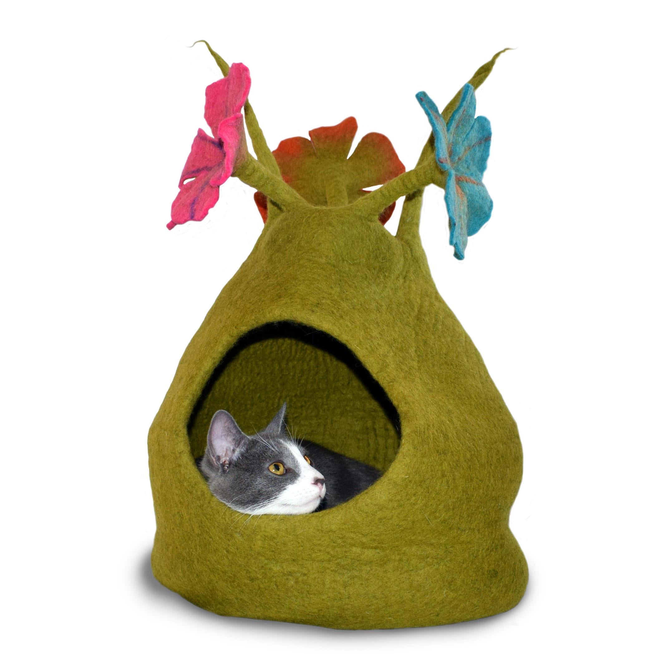 Dharma Dog Karma Cat Wool Pet Cave Bed, Green Multi-Color Bouquet